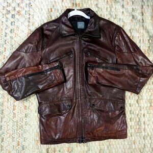 Genuine Armani Exchange Men’s Small Burgundy Brown Leather Moto Jacket